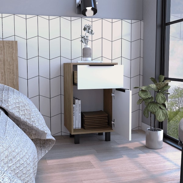 Tuhome Kaia Z Nightstand, One Drawer, One Cabinet, Four Legs, Superior Top, Pine/White MMB7907 - main